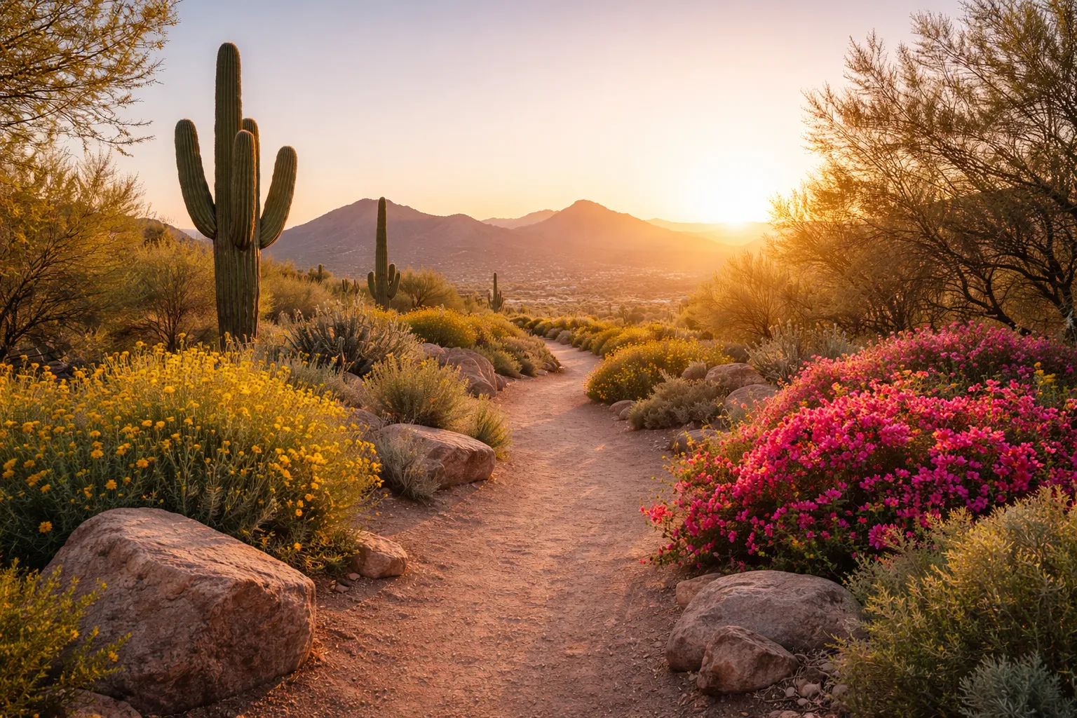 A winding desert path at sunset, lined with wildflowers and cacti